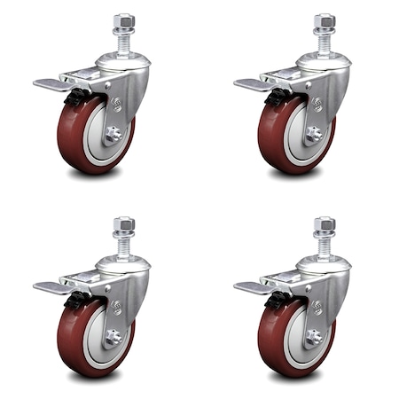 Service Caster 4 Inch Maroon Polyurethane Swivel 12mm Stem Caster Set with Total Lock Brake SCC-TSTTL20S414-PPUB-MRN-M1215-4